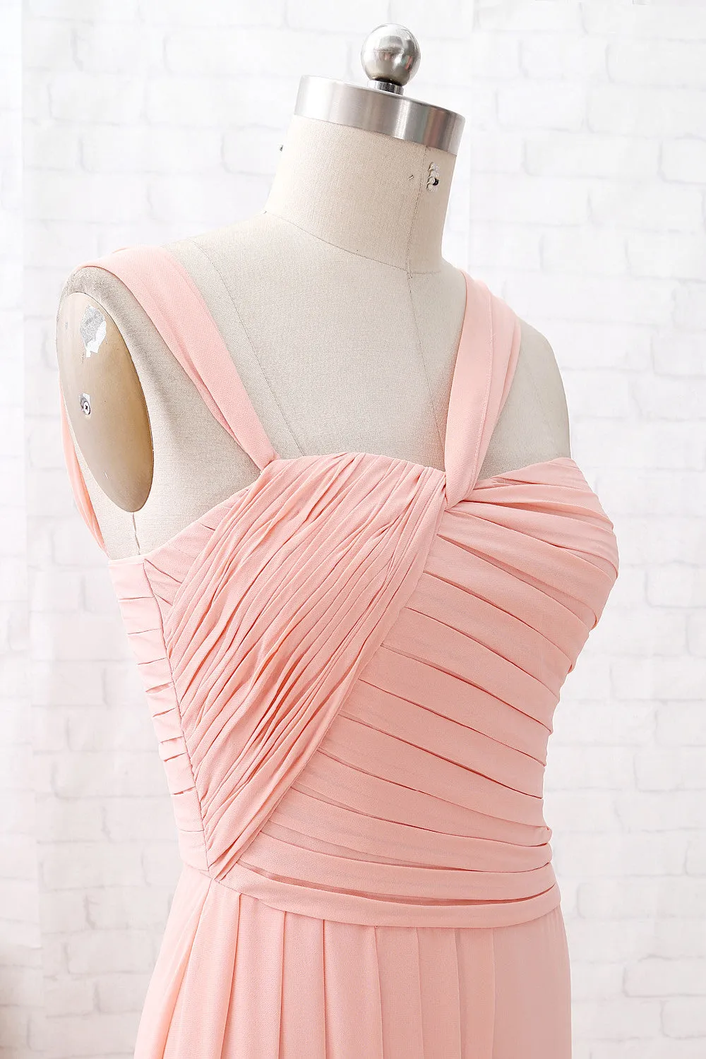 MACloth Straps Chiffon Long Bridesmaid Dress Coral Formal Wedding Party Dress