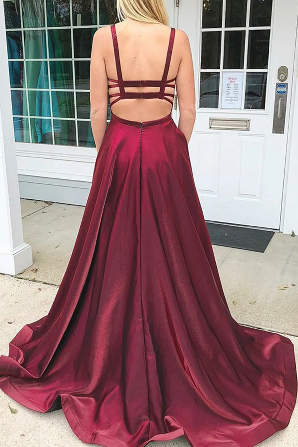 MACloth Straps Scoop Neck Satin Long Prom Dress Burgundy Formal Evening Gown