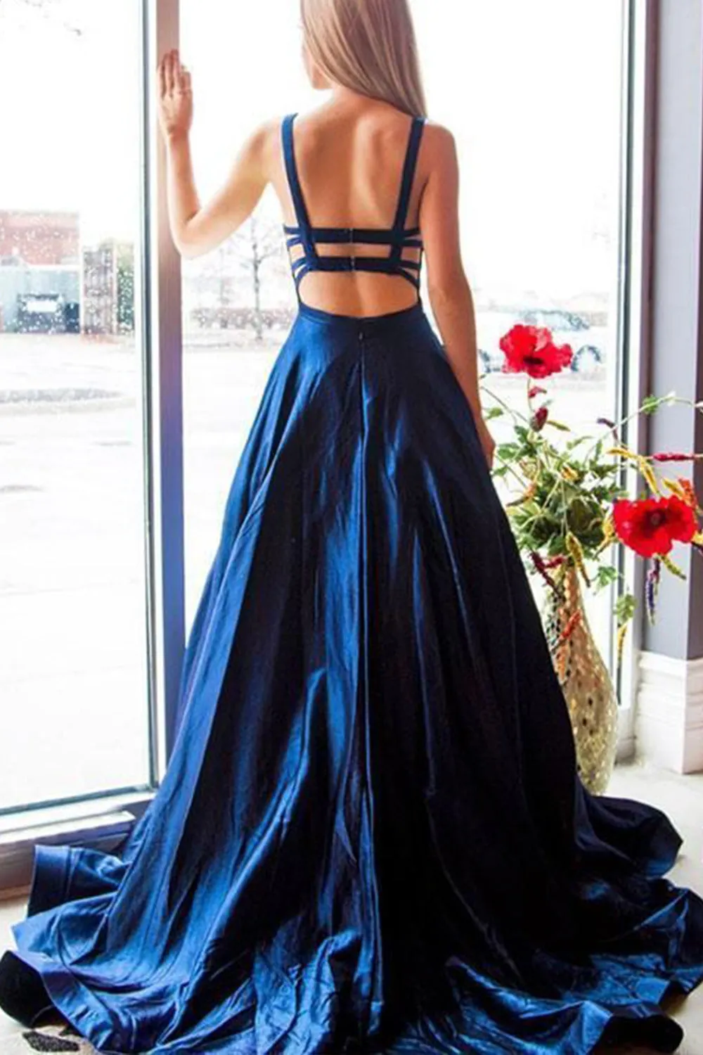 MACloth Straps Scoop Neck Satin Long Prom Dress Burgundy Formal Evening Gown