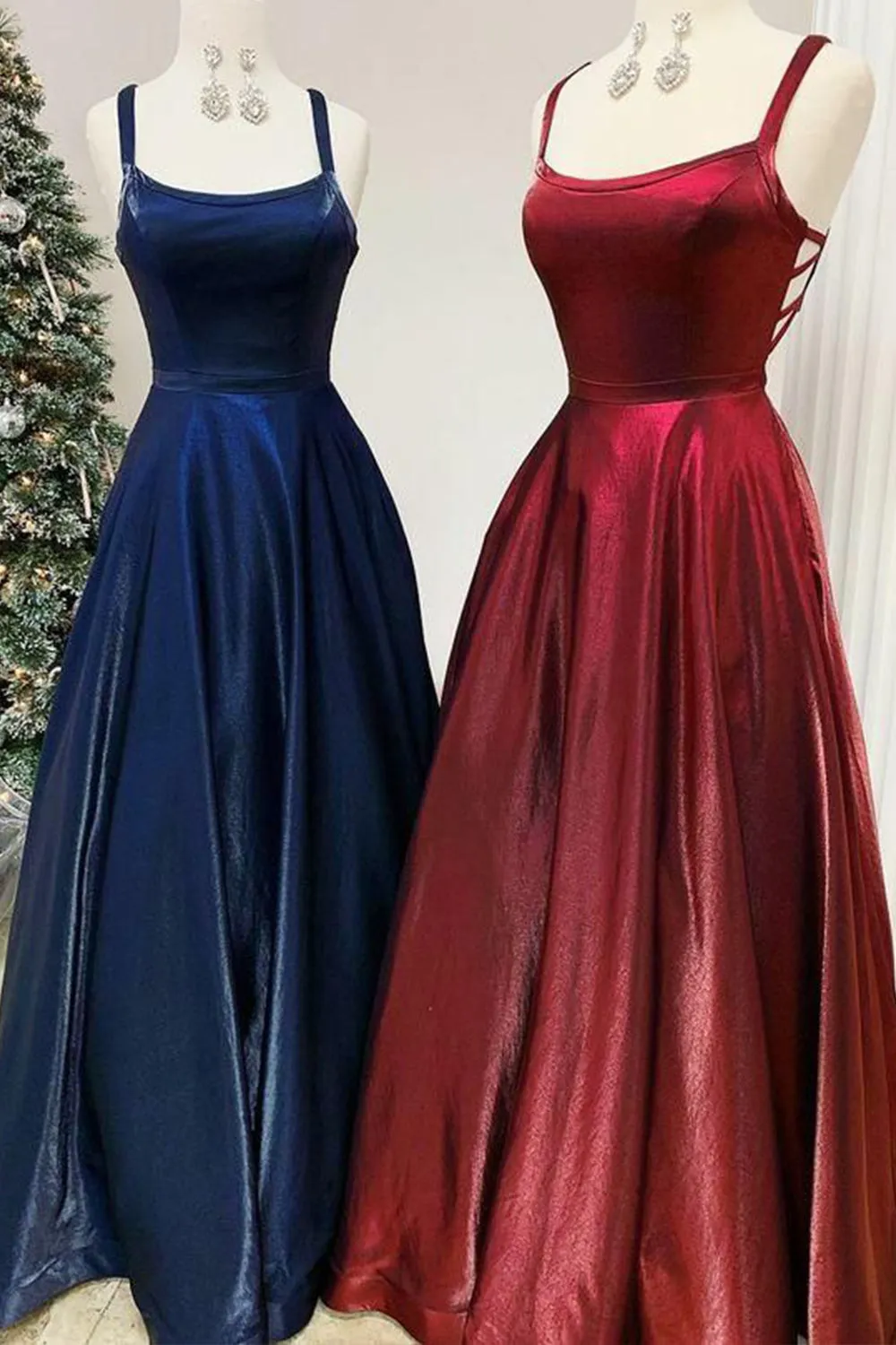 MACloth Straps Scoop Neck Satin Long Prom Dress Burgundy Formal Evening Gown