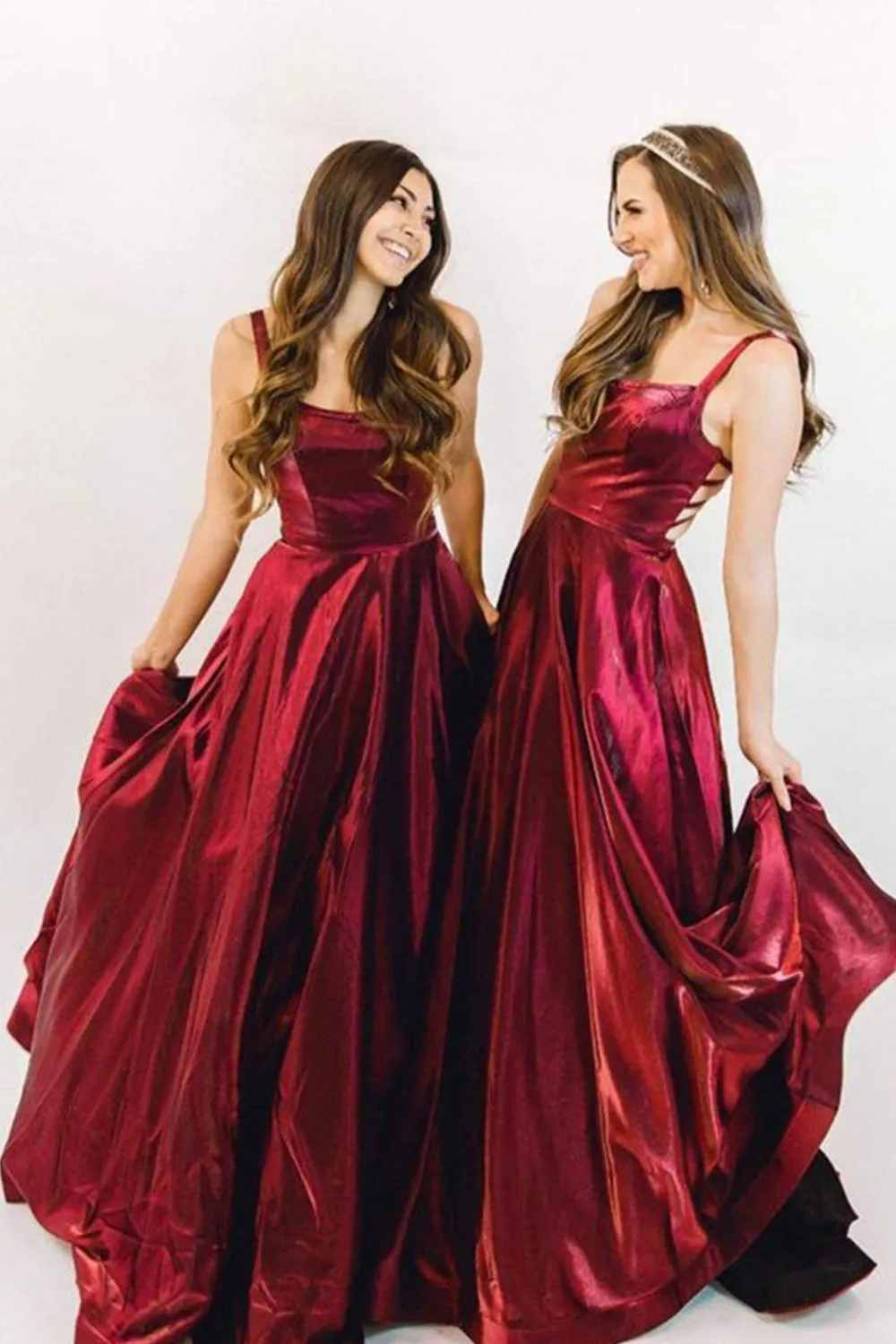 MACloth Straps Scoop Neck Satin Long Prom Dress Burgundy Formal Evening Gown