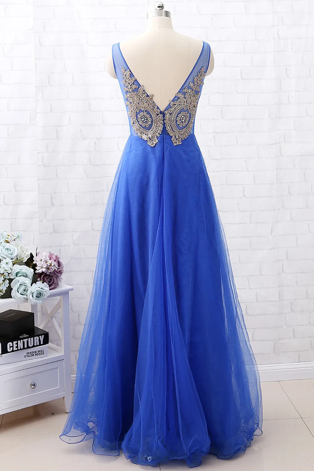 MACloth Straps V Neck Gold Lace Tulle Long Prom Dress Formal Evening Gown