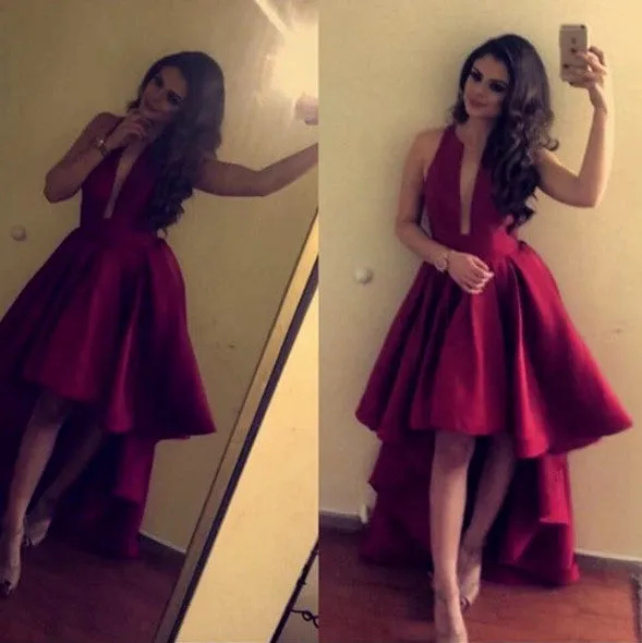 MACloth Straps V Neck High low Prom Dress Red Formal Party Gown