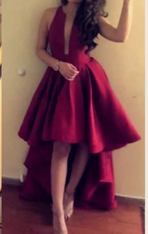 MACloth Straps V Neck High low Prom Dress Red Formal Party Gown
