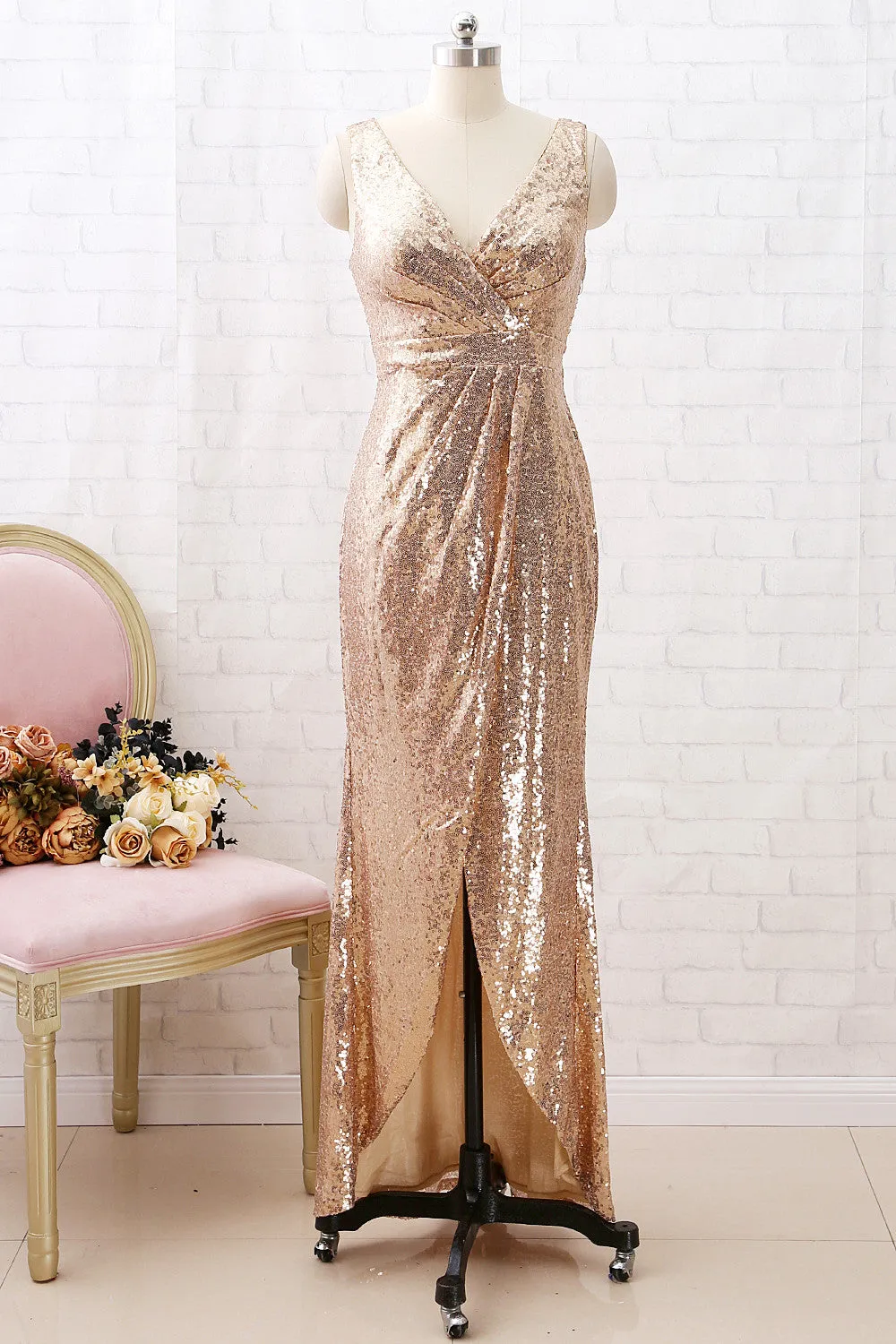 MACloth Straps V Neck High Low Sequin Bridesmaid Dress Simple Formal Evening Gown