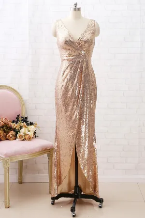 MACloth Straps V Neck High Low Sequin Bridesmaid Dress Simple Formal Evening Gown