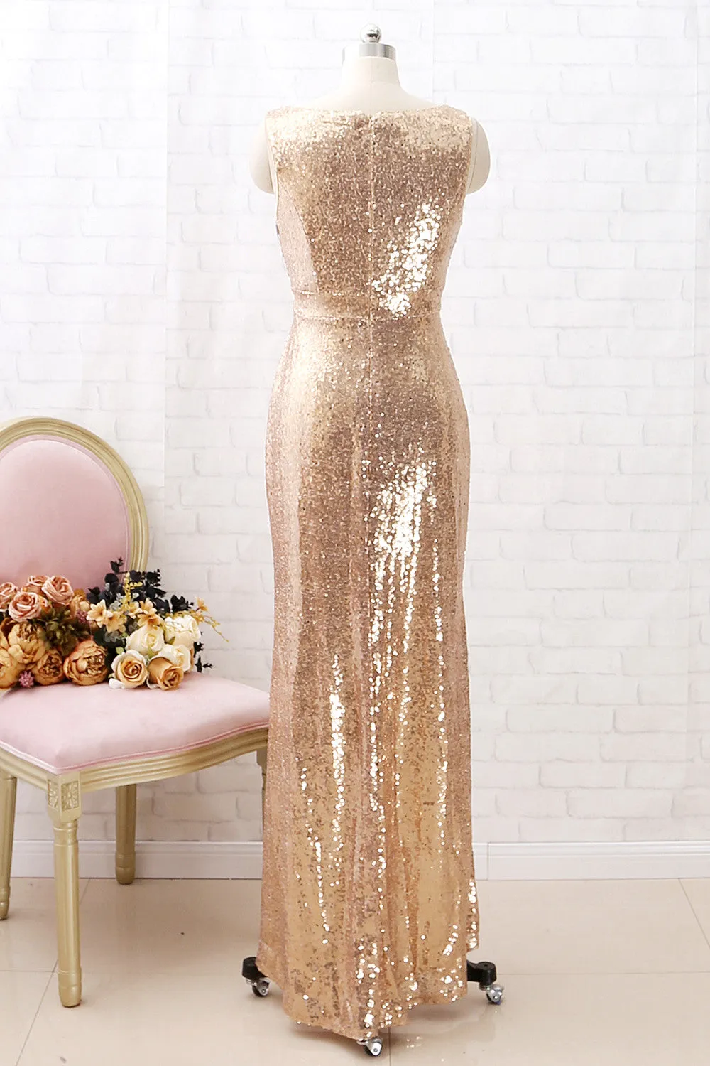 MACloth Straps V Neck High Low Sequin Bridesmaid Dress Simple Formal Evening Gown
