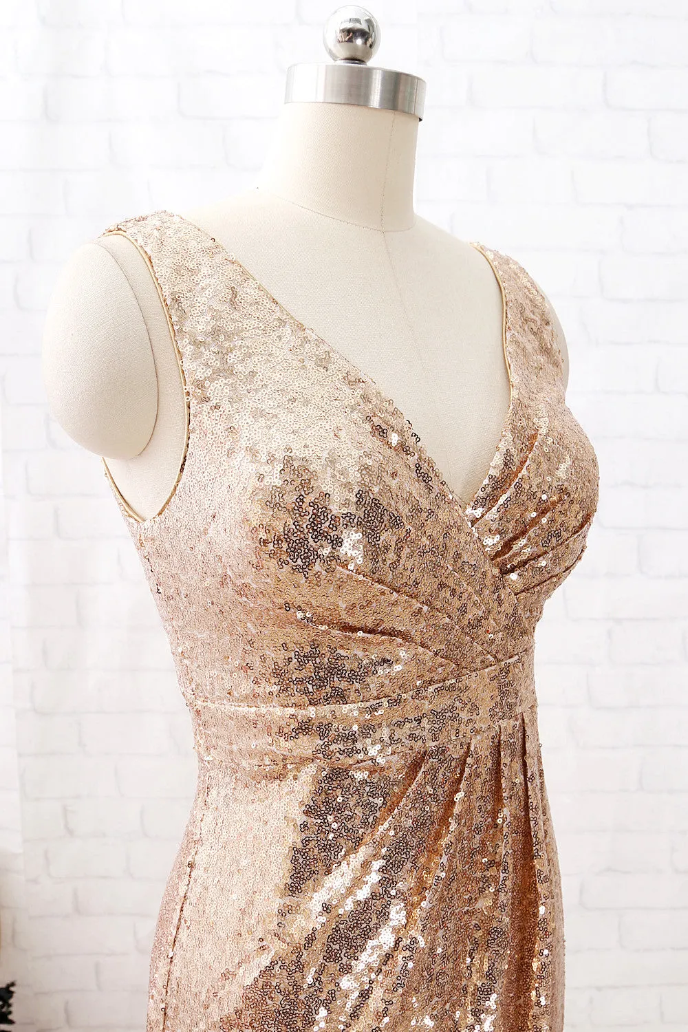 MACloth Straps V Neck High Low Sequin Bridesmaid Dress Simple Formal Evening Gown