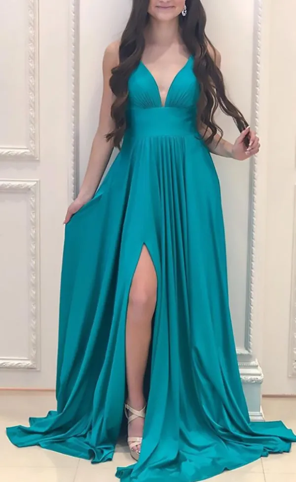 MACloth Straps V Neck Jersey Long Bridesmaid Dress Simple Formal Evening Gown