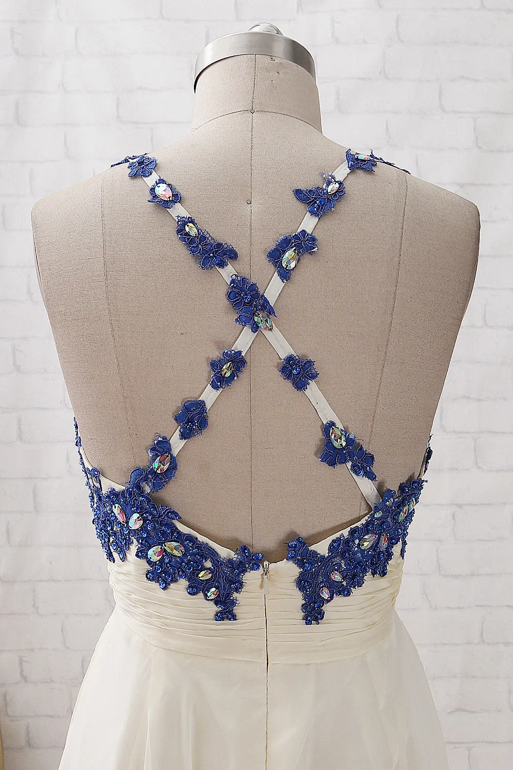 MACloth Straps V Neck Lace Chiffon Long Prom Dress Royal Blue Ivory Formal Evening Gown