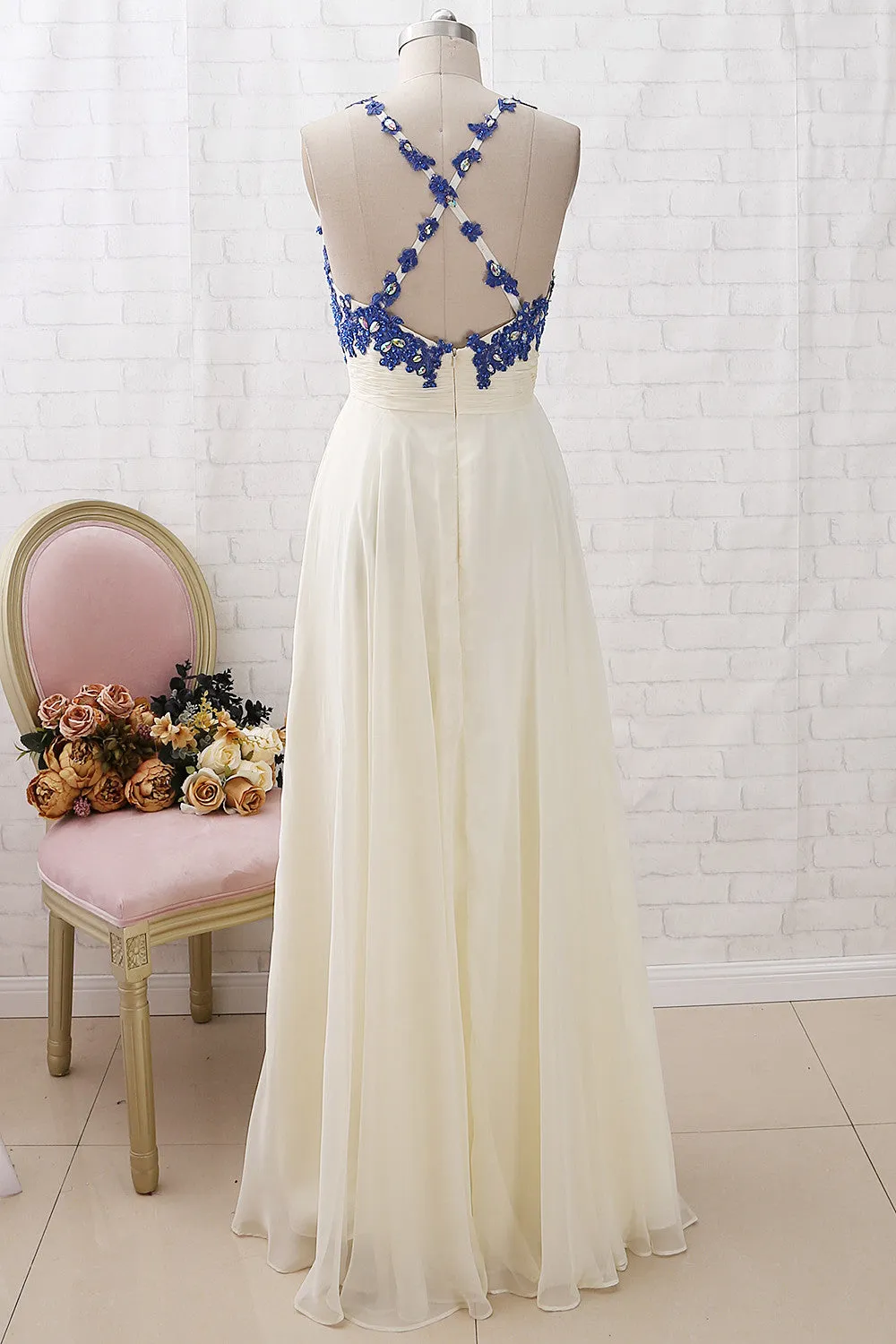MACloth Straps V Neck Lace Chiffon Long Prom Dress Royal Blue Ivory Formal Evening Gown