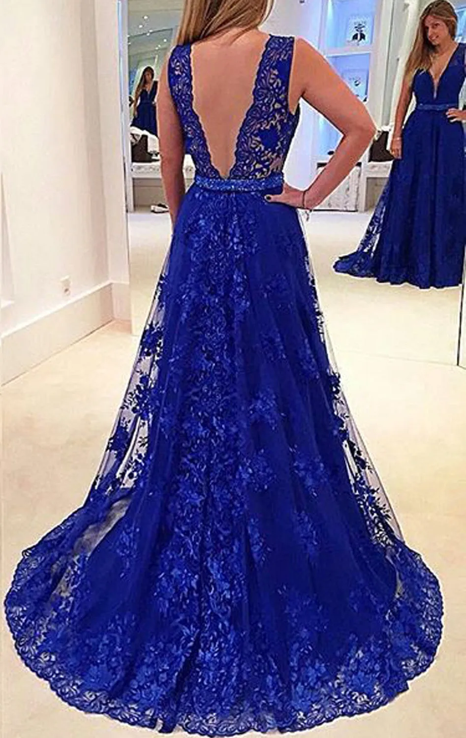 MACloth Straps V Neck Lace Long Prom Dress Royal Blue Formal Gown