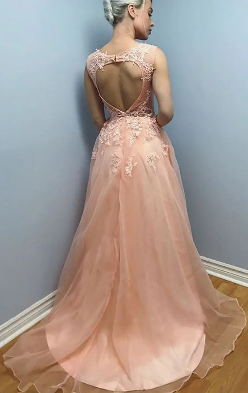 MACloth Straps V Neck Lace Organza Long Prom Dress Peach Formal Evening Gown