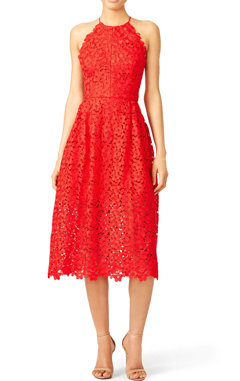 MACloth Straps V neck Lace Tea Length Cocktail Dress Red Formal Gown