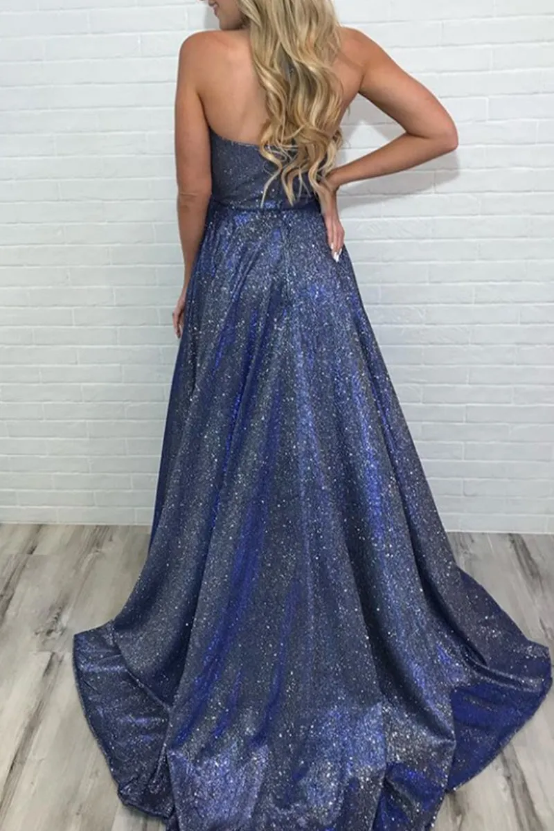 MACloth Straps V Neck Long Prom Dress Fuchsia Silver Formal Evening Gown with Slit
