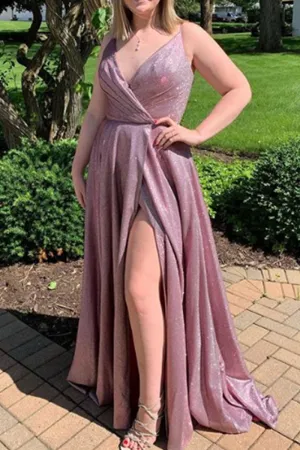 MACloth Straps V Neck Long Prom Dress Fuchsia Silver Formal Evening Gown with Slit