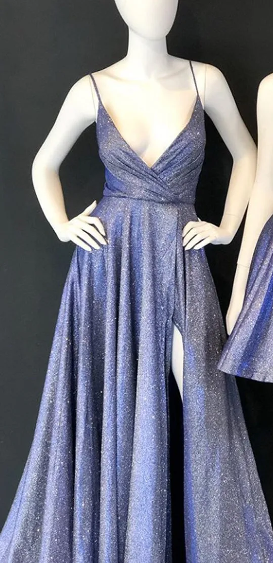 MACloth Straps V Neck Long Prom Dress Fuchsia Silver Formal Evening Gown with Slit