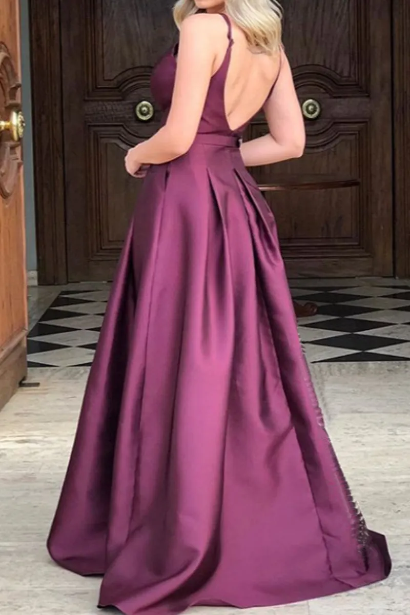 MACloth Straps V Neck Satin Long Prom Dress Wine Red Formal Evening Gown