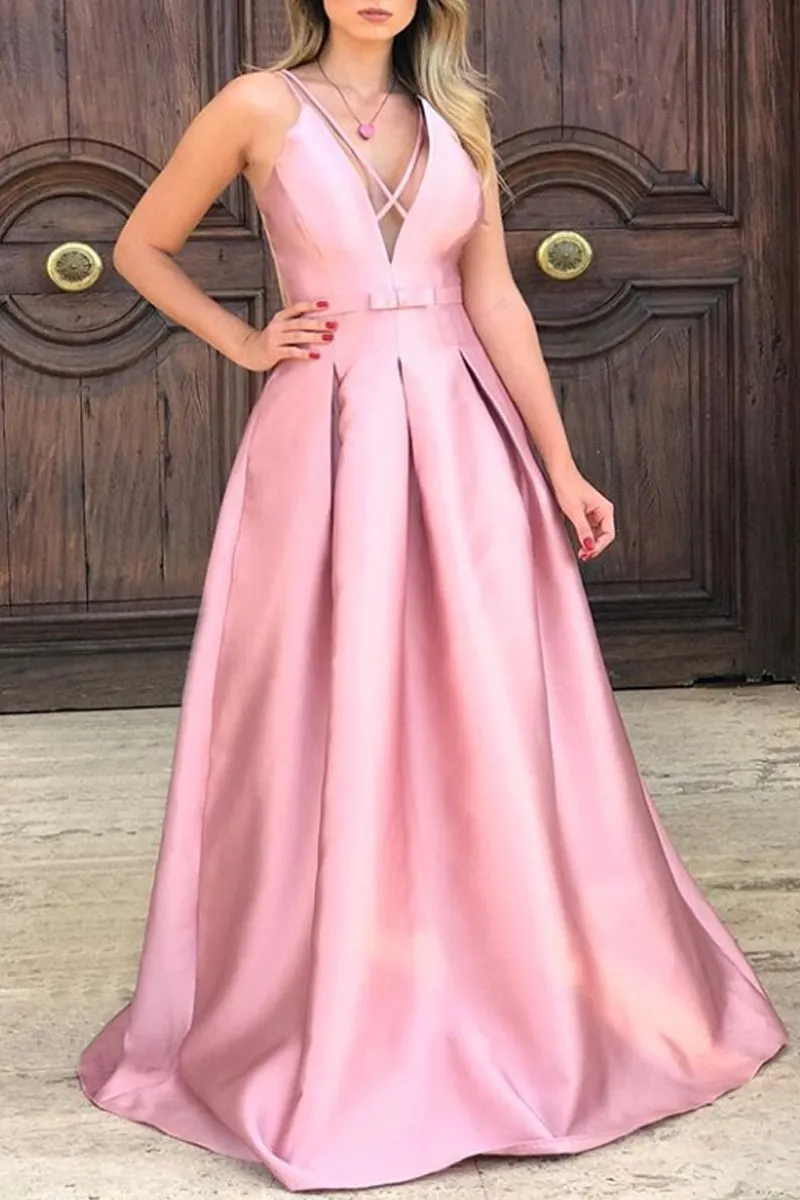 MACloth Straps V Neck Satin Long Prom Dress Wine Red Formal Evening Gown