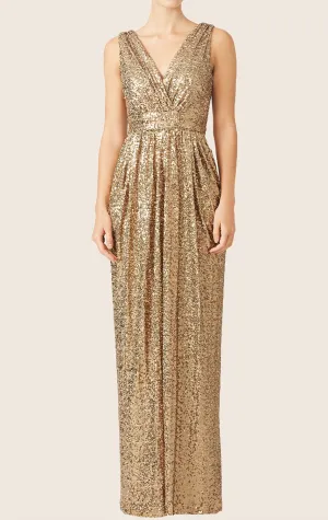MACloth Straps V Neck Sequin Long Bridesmaid Dress Gold Formal Gown