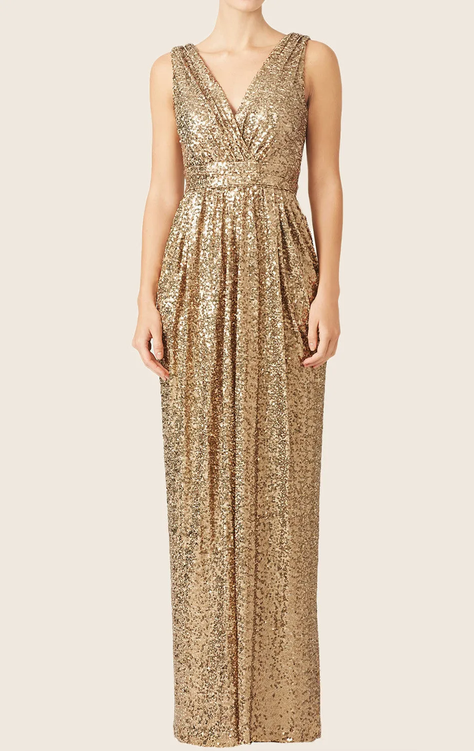 MACloth Straps V Neck Sequin Long Bridesmaid Dress Gold Formal Gown