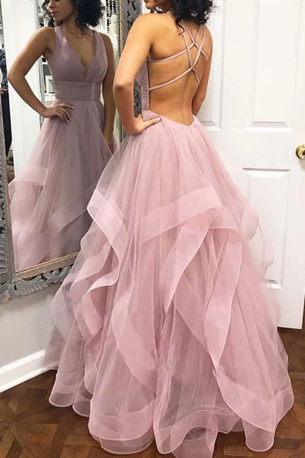 MACloth Straps V Neck Tulle Long Prom Dress Dusty Pink Formal Evening Gown