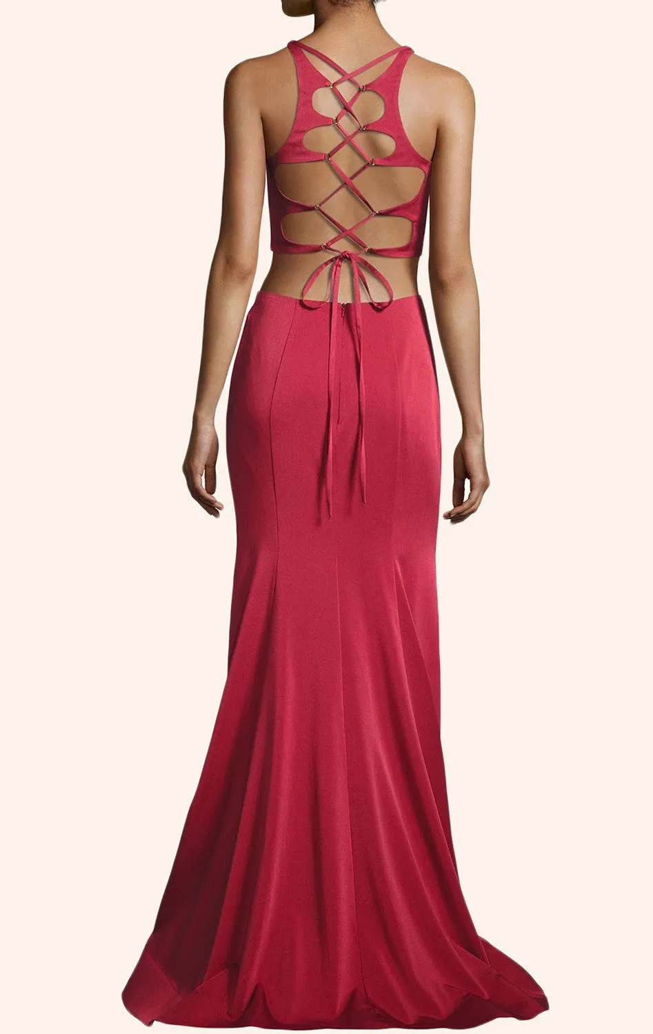 MACloth Two Piece Jersey Long Prom Dress Red Formal Evening Gown