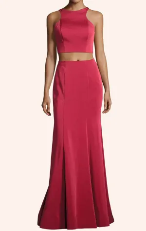 MACloth Two Piece Jersey Long Prom Dress Red Formal Evening Gown
