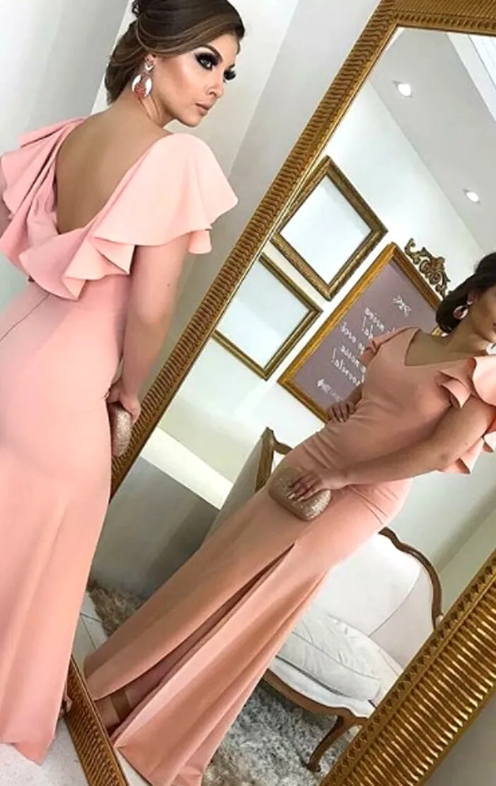 MACloth V Neck Sheath Blush Pink Long Prom Dress Jersey Formal Evening Gown