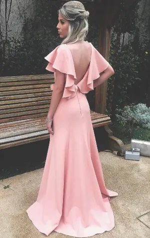 MACloth V Neck Sheath Blush Pink Long Prom Dress Jersey Formal Evening Gown