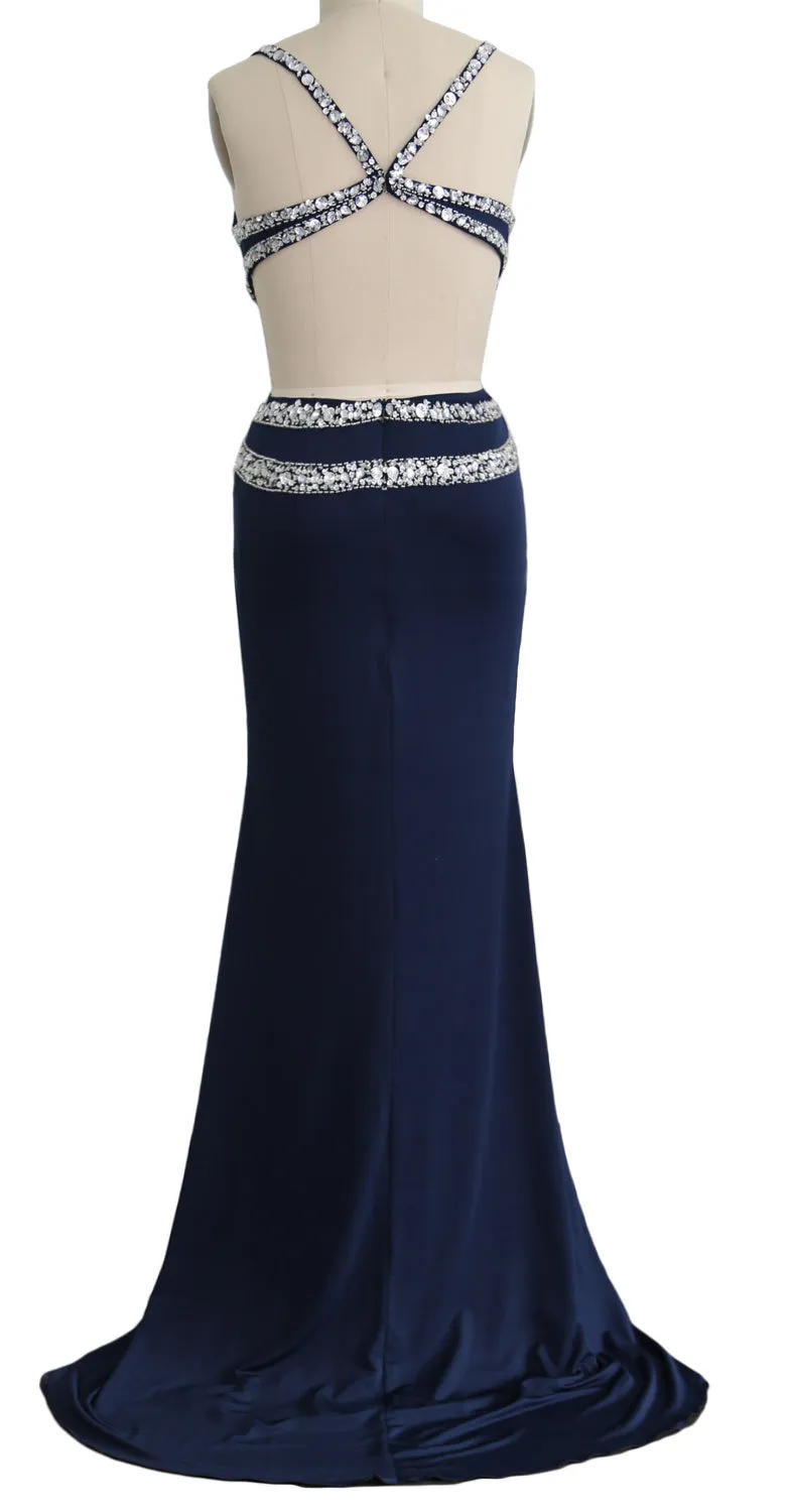 MACloth Women Long V Neck Sexy Mermaid Prom Party Dress Formal Evening Ball Gown
