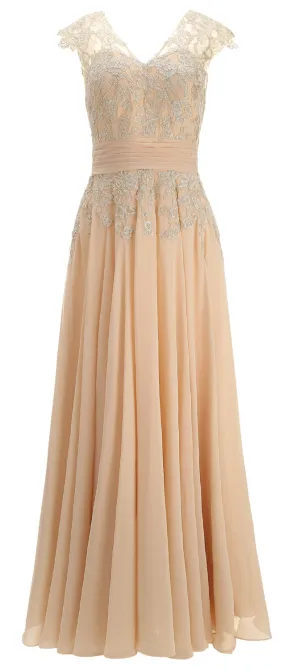 MACloth Women Maxi Mother of Bride Dresses Cap Sleeve V Neck Lace Evening Gown