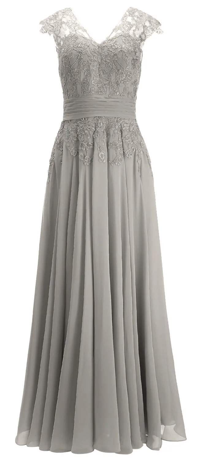 MACloth Women Maxi Mother of Bride Dresses Cap Sleeve V Neck Lace Evening Gown