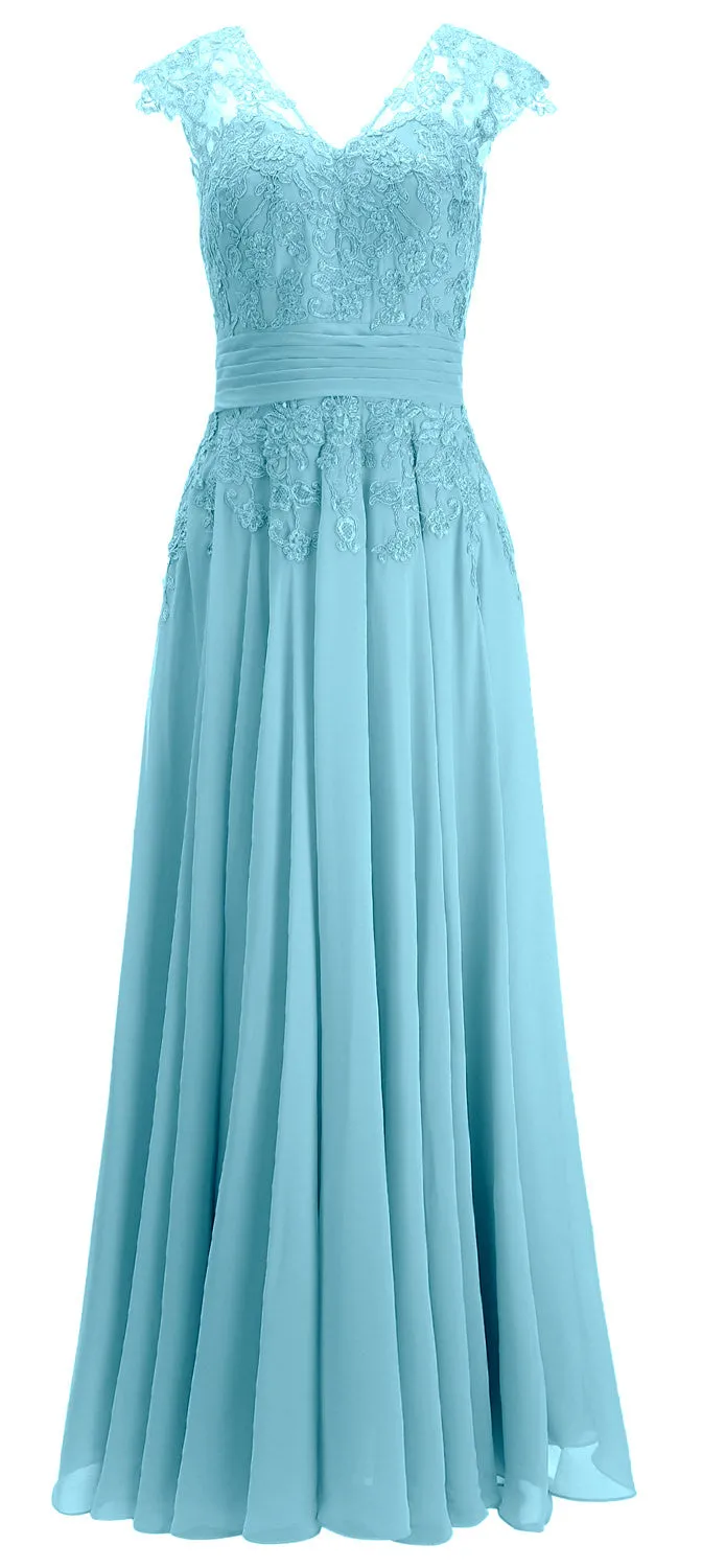 MACloth Women Maxi Mother of Bride Dresses Cap Sleeve V Neck Lace Evening Gown