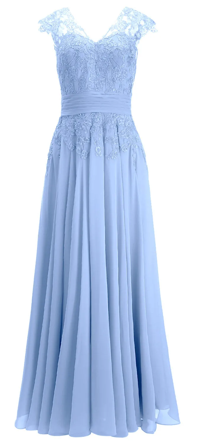 MACloth Women Maxi Mother of Bride Dresses Cap Sleeve V Neck Lace Evening Gown
