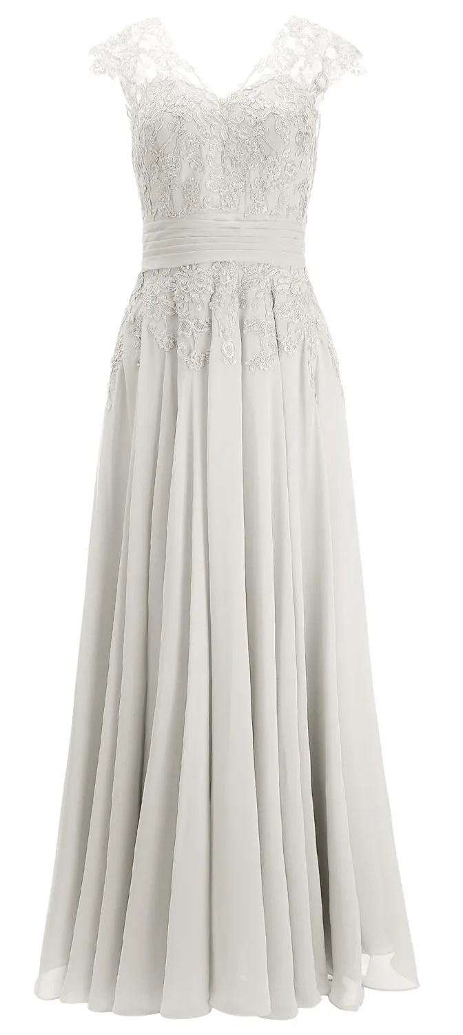 MACloth Women Maxi Mother of Bride Dresses Cap Sleeve V Neck Lace Evening Gown