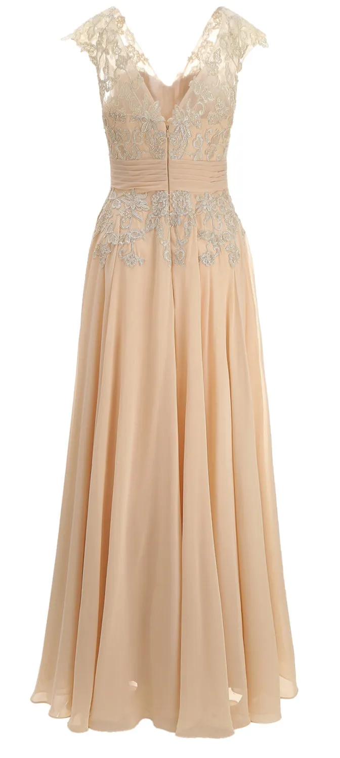MACloth Women Maxi Mother of Bride Dresses Cap Sleeve V Neck Lace Evening Gown
