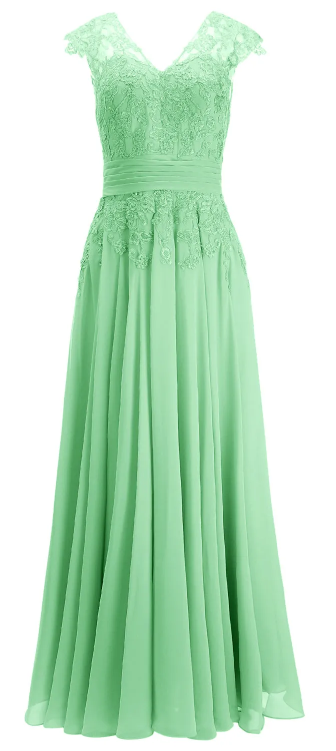 MACloth Women Maxi Mother of Bride Dresses Cap Sleeve V Neck Lace Evening Gown