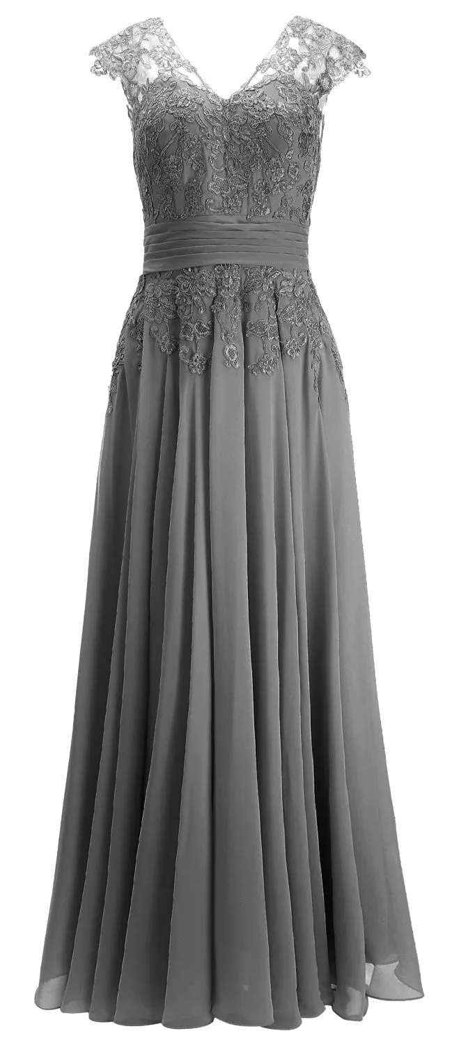 MACloth Women Maxi Mother of Bride Dresses Cap Sleeve V Neck Lace Evening Gown