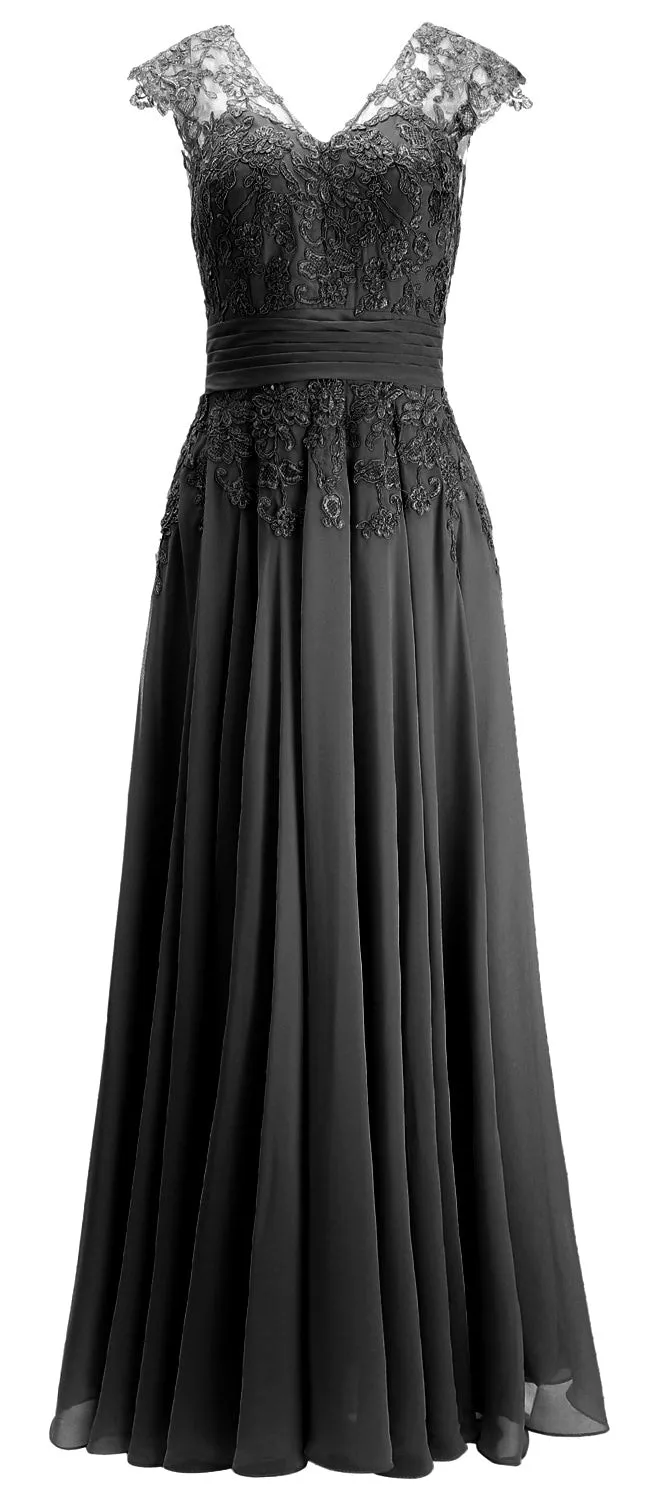 MACloth Women Maxi Mother of Bride Dresses Cap Sleeve V Neck Lace Evening Gown