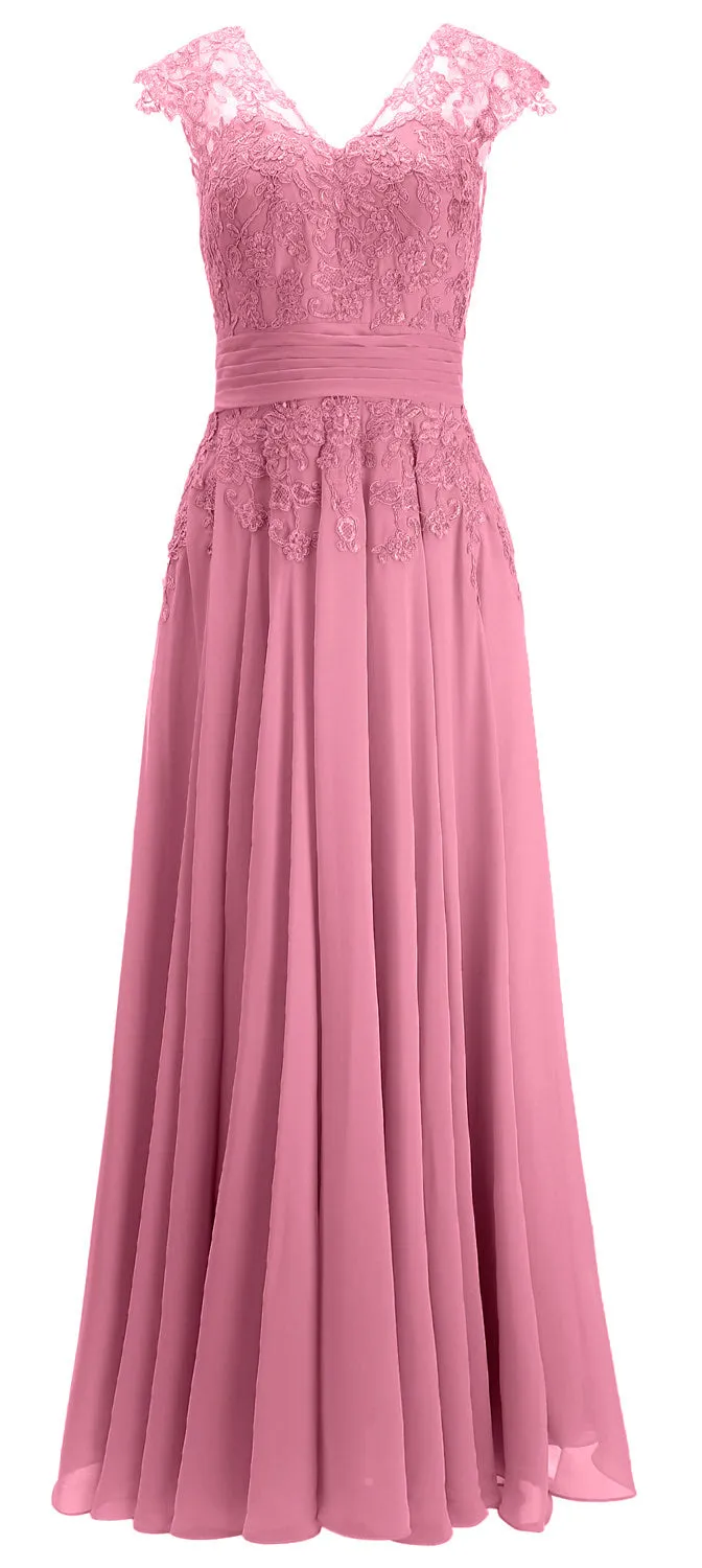MACloth Women Maxi Mother of Bride Dresses Cap Sleeve V Neck Lace Evening Gown