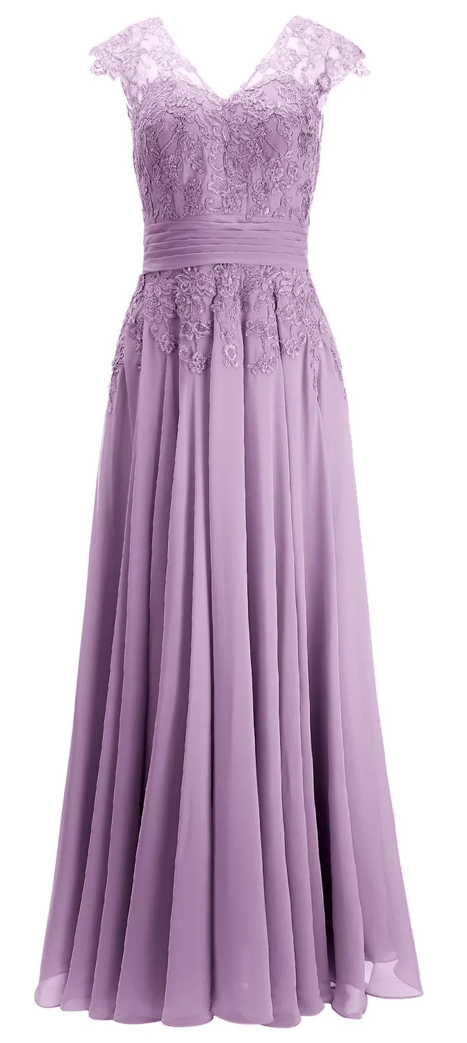 MACloth Women Maxi Mother of Bride Dresses Cap Sleeve V Neck Lace Evening Gown