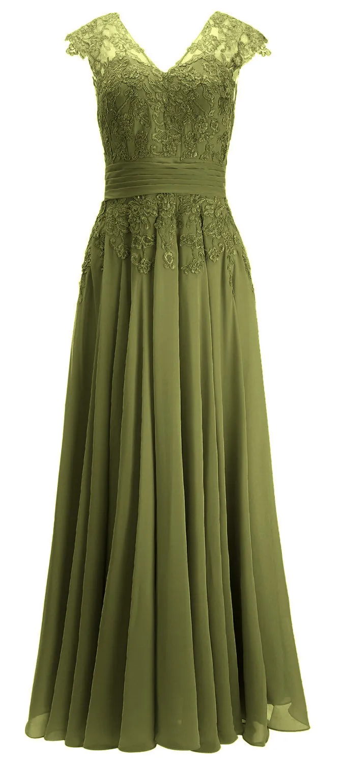 MACloth Women Maxi Mother of Bride Dresses Cap Sleeve V Neck Lace Evening Gown