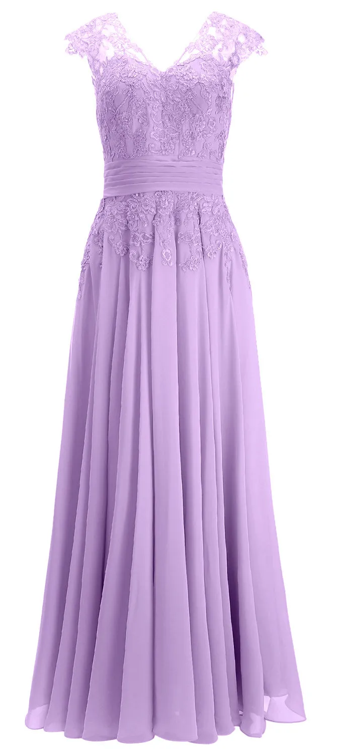 MACloth Women Maxi Mother of Bride Dresses Cap Sleeve V Neck Lace Evening Gown