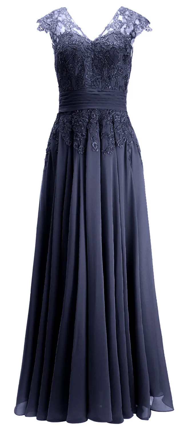 MACloth Women Maxi Mother of Bride Dresses Cap Sleeve V Neck Lace Evening Gown