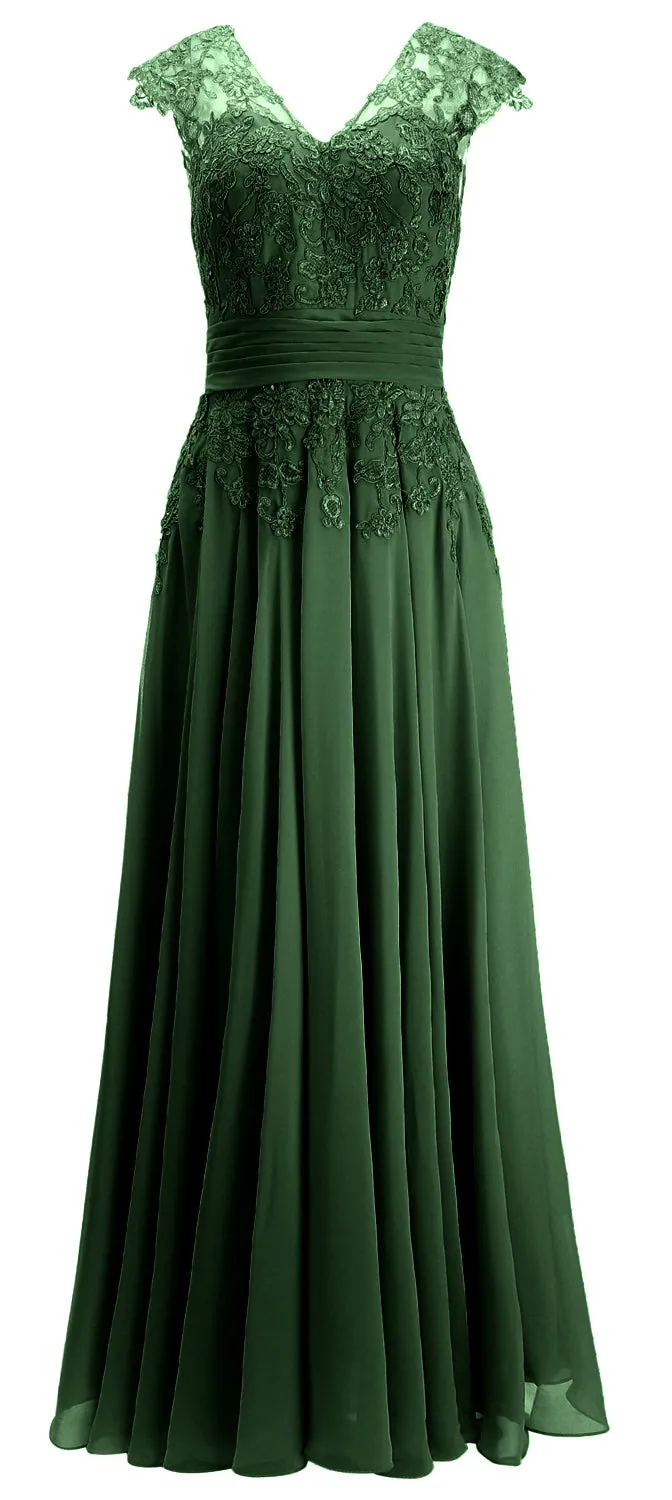MACloth Women Maxi Mother of Bride Dresses Cap Sleeve V Neck Lace Evening Gown