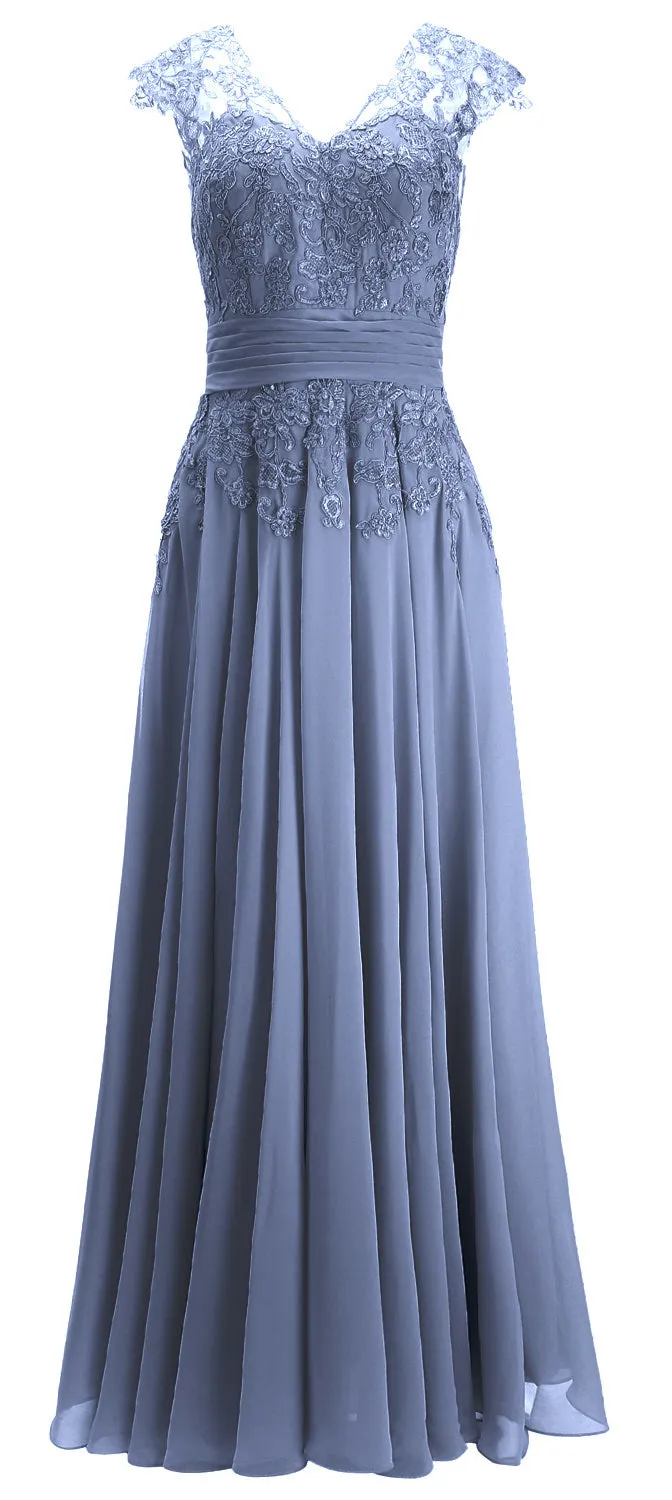 MACloth Women Maxi Mother of Bride Dresses Cap Sleeve V Neck Lace Evening Gown