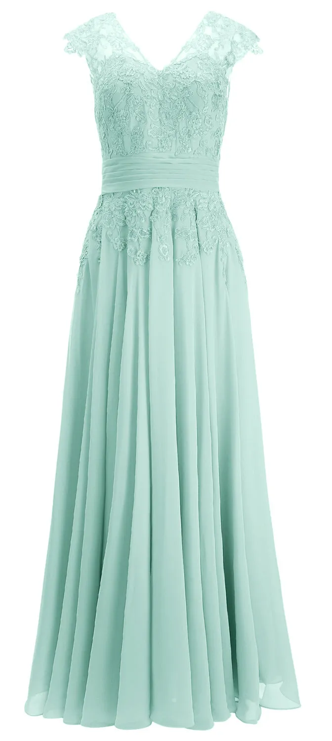 MACloth Women Maxi Mother of Bride Dresses Cap Sleeve V Neck Lace Evening Gown