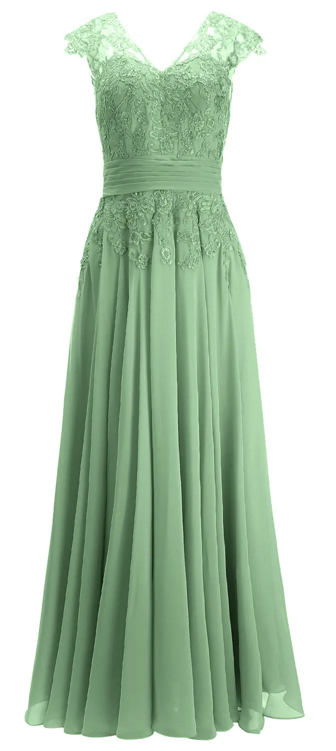 MACloth Women Maxi Mother of Bride Dresses Cap Sleeve V Neck Lace Evening Gown