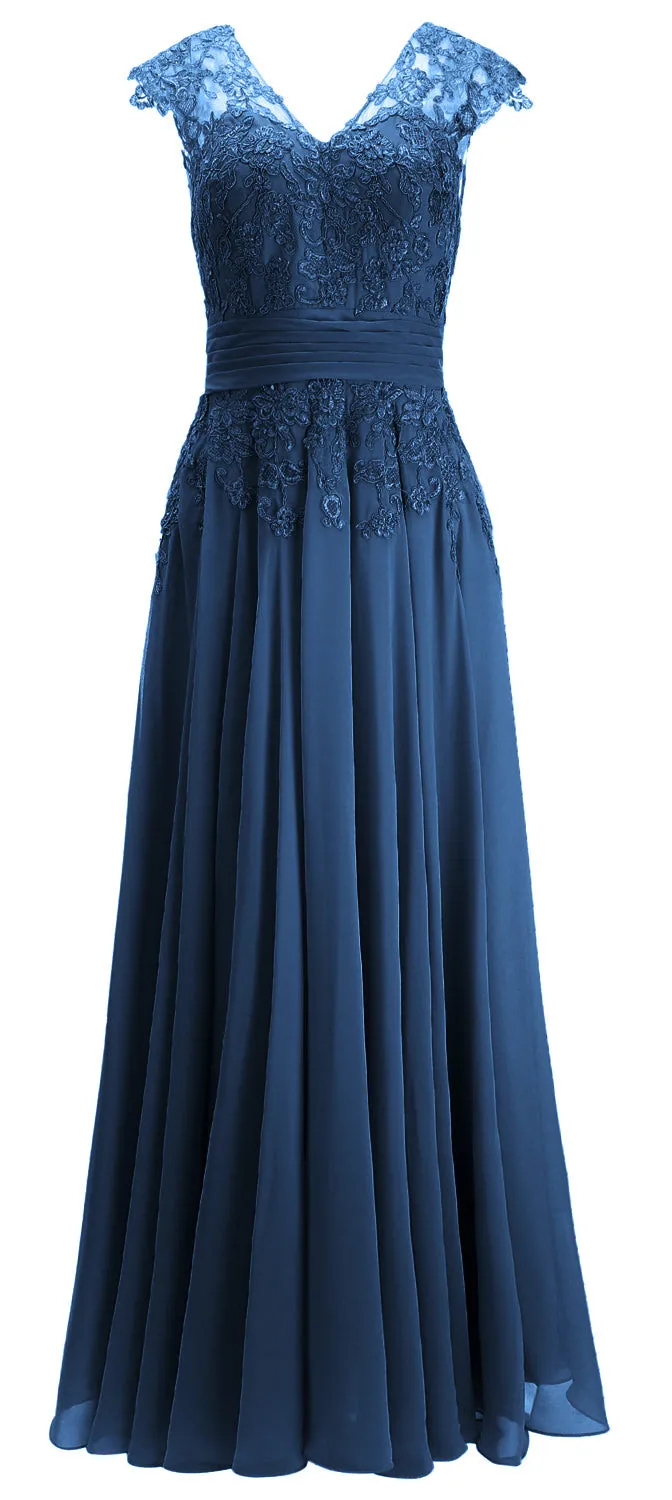 MACloth Women Maxi Mother of Bride Dresses Cap Sleeve V Neck Lace Evening Gown